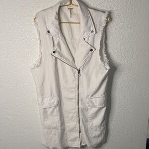 NWOT-Free People- denim moto White long  frayed hem Vest- Size small